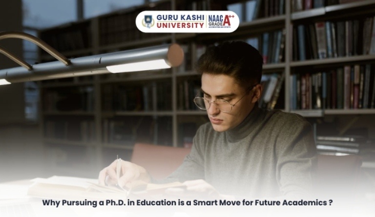 A student studying in a university library, representing a PhD in Education and future academic success.